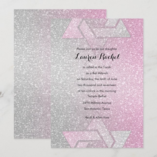 Glittery Gradient Bat mitzvah Rosa Inbjudningar (Fram/baksida)