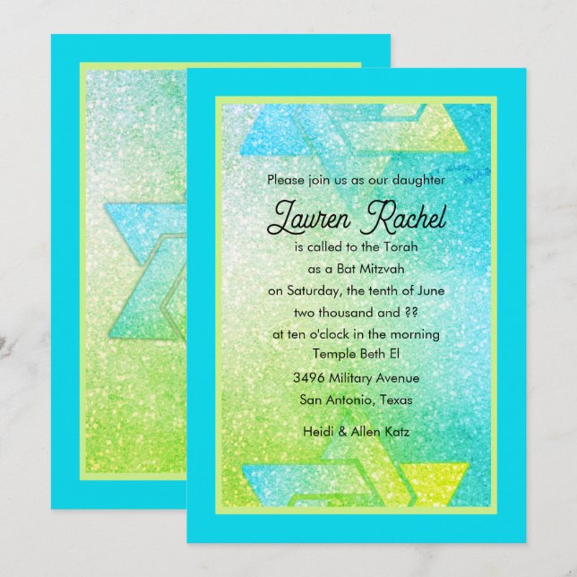 Glittery Gradient Bat mitzvah turkos Lime Invit Inbjudningar (Fram/baksida)