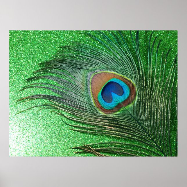 Glittery Grönt Peacock Feather still Life Poster (Framsidan)