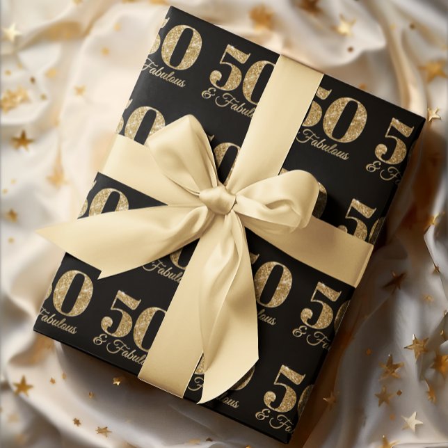 Glittery Guld 50 & Fabulous on Black Presentpapper (Glittery Gold 50 & Fabulous on Black Wrapping Paper)