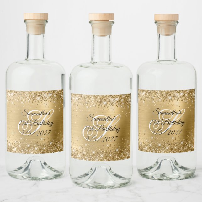 Glittery Guld Glam Monogram 21:a födelsedagen Spritflaskor Etikett (Flaskor)