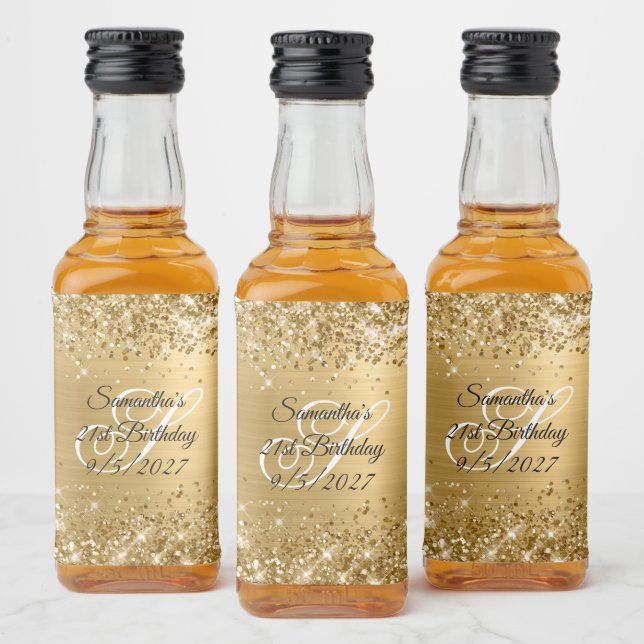 Glittery Guld Glam Monogrammed 21:a födelsedagen Spritflaskor Etikett (Flaskor)