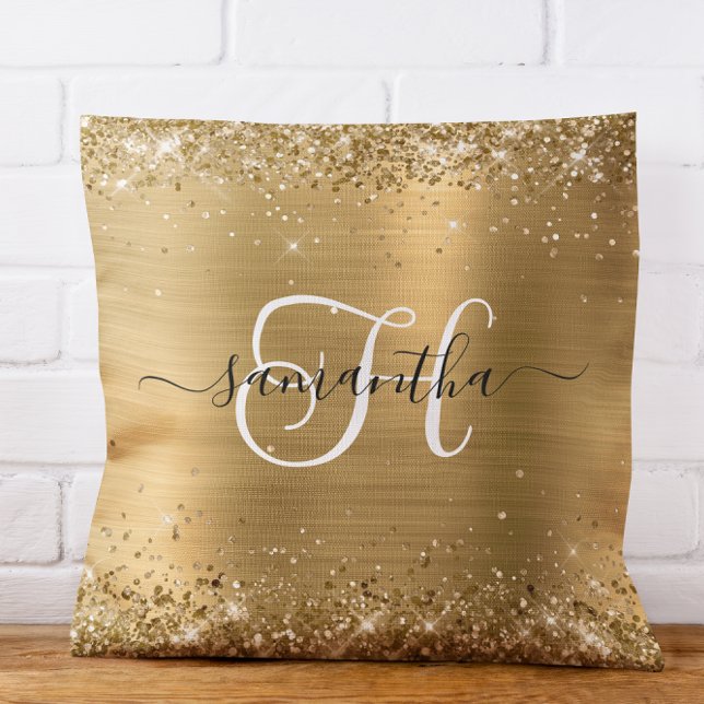 Glittery Guld Glam Monogrammed Kudde (Glittery Gold Glam Monogrammed Throw Pillow)