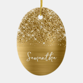 Glittery Guld Glam Namn Oval Photo Julgransprydnad Keramik