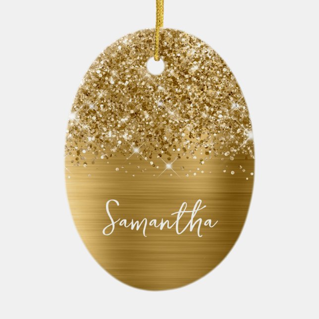 Glittery Guld Glam Namn Oval Photo Julgransprydnad Keramik (Framsidan)