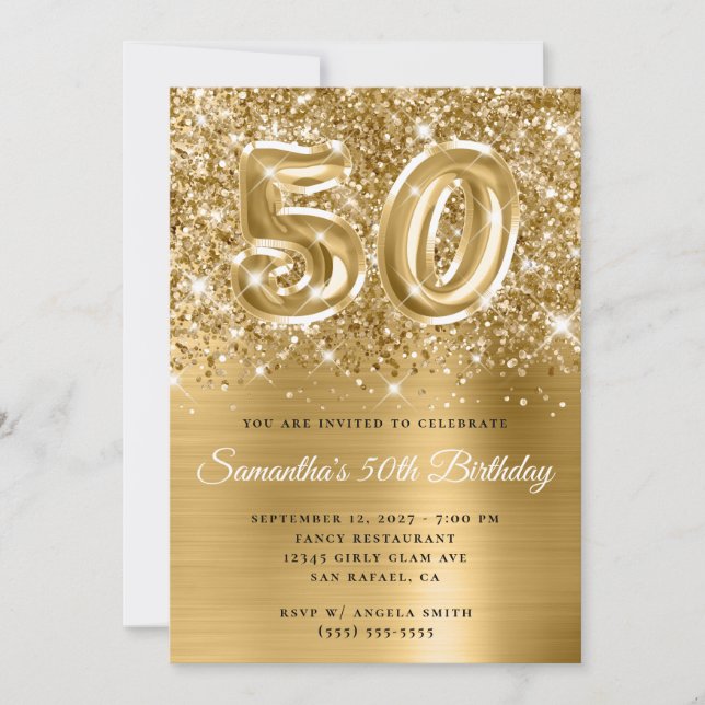 Glittery Guld Glam nummer 50:e födelsedagen Inbjudningar (Framsida)