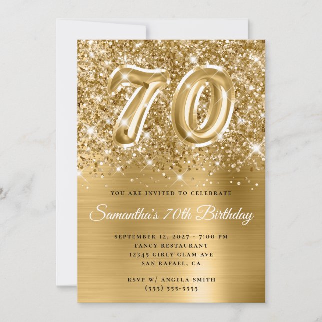 Glittery Guld Glam nummer 70:e födelsedagen Inbjudningar (Framsida)