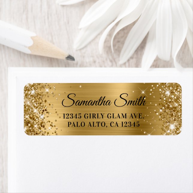 Glittery Guld Glitter och Foil Glam Returadress Etikett (Insitu)