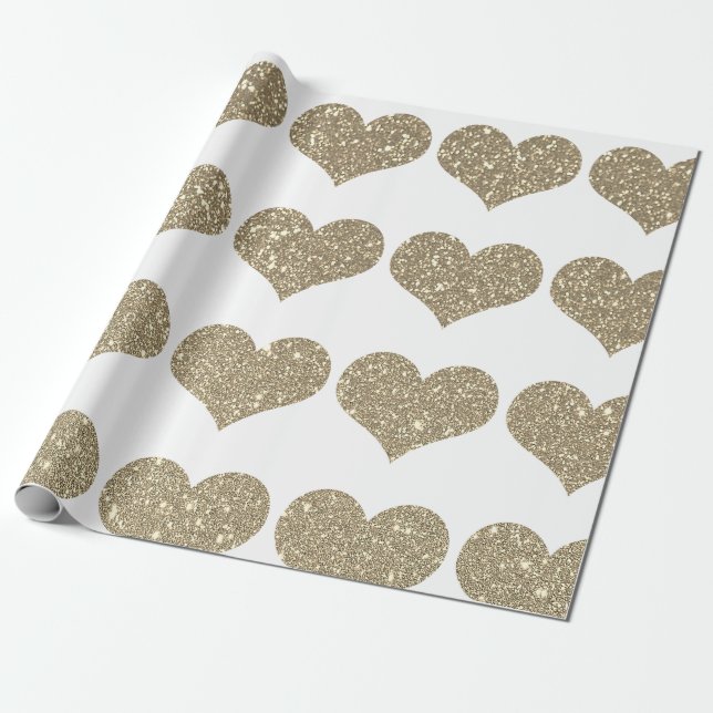 Glittery Guld Heart Mönster Golden White Gnistra Presentpapper (Utrullad)
