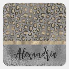 Glittery Guld Leopard Print on Grått Personlig Fyrkantigt Klistermärke