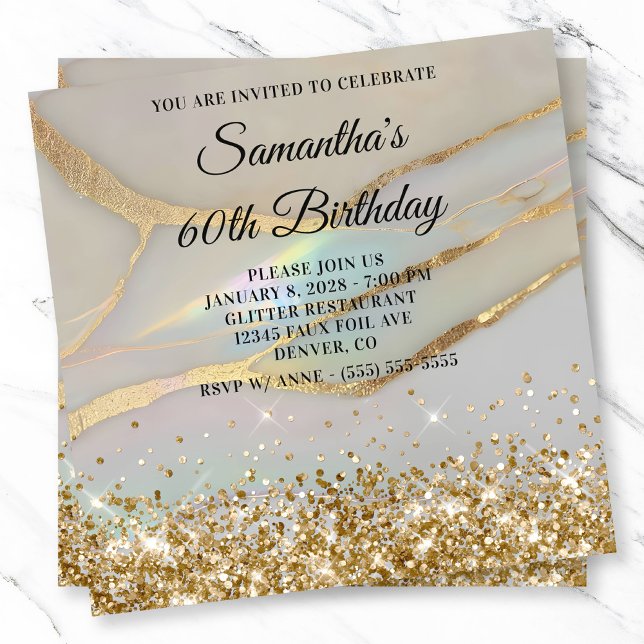 Glittery Guld Marcular Opal 60:e födelsedagen Inbjudningar (Glittery Gold Marbled Opal 60th Birthday Invitation)