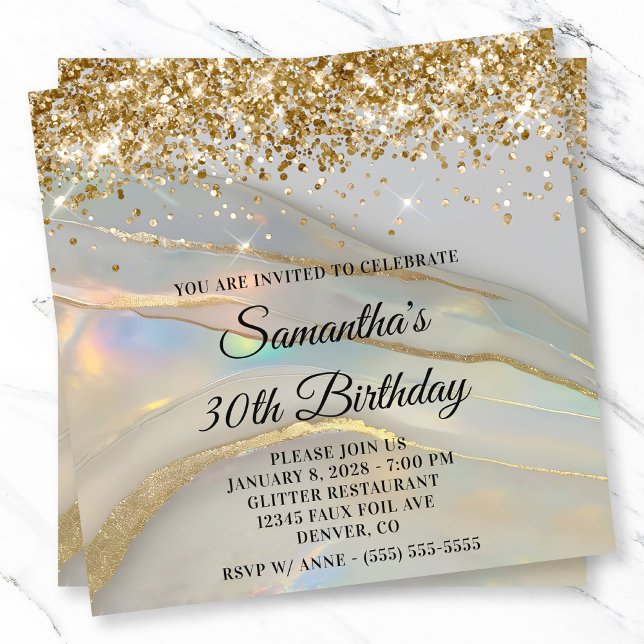Glittery Guld MarLED Opal 30års födelsedag Inbjudningar (Glittery Gold Marbled Opal 30th Birthday Invitation)