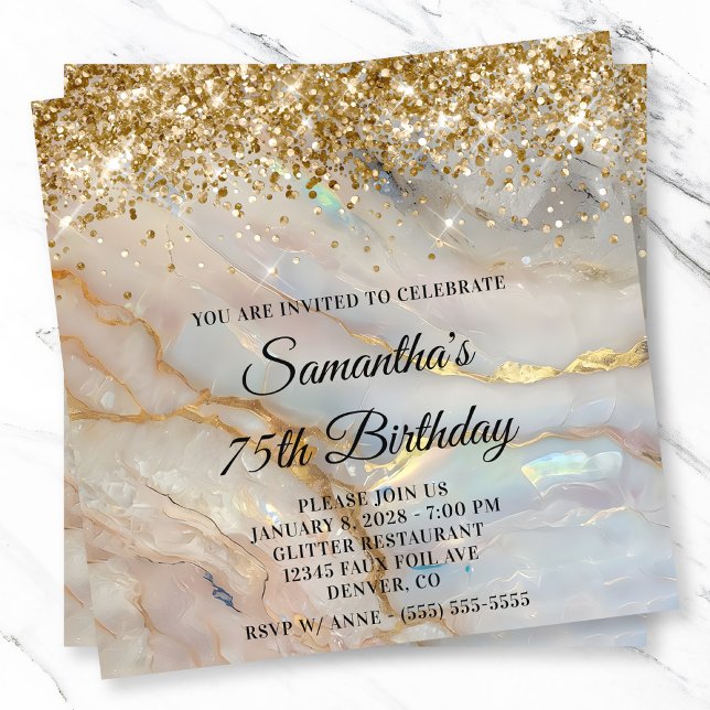 Glittery Guld MarLED Opal 75:e Birthday Inbjudningar (Glittery Gold Marbled Opal 75th Birthday Invitation)