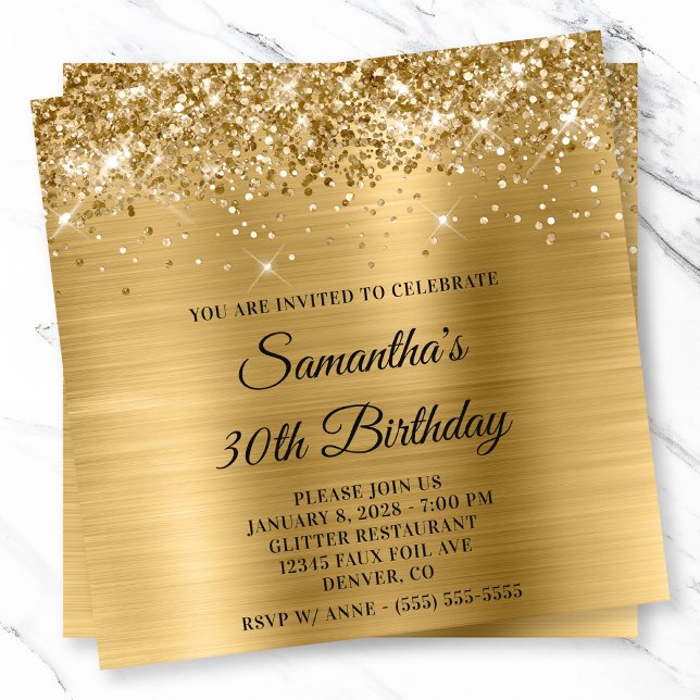 Glittery Guld Metallic 30års födelsedag Inbjudningar (Glittery Gold Metallic Look 30th Birthday Invitation)