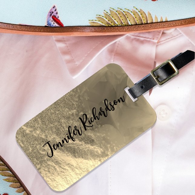 Glittery Guld Metallic Finare Chic Calligraphy Bagagebricka (Skapare uppladdad)
