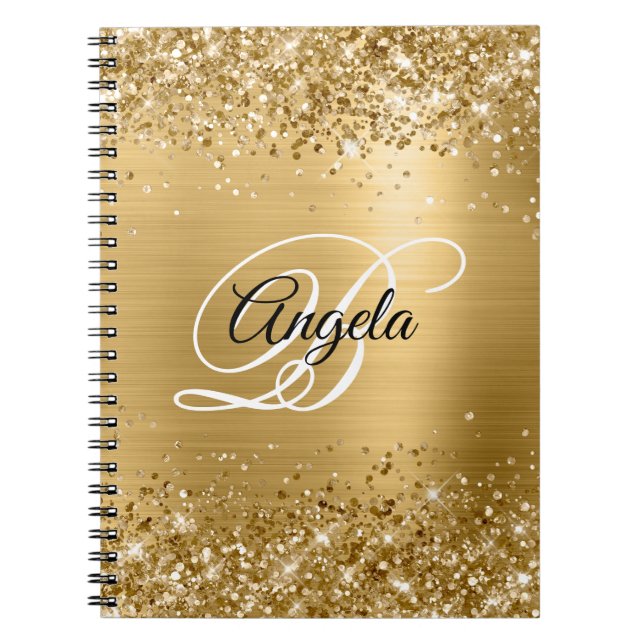 Glittery Guld Metallic Finare Monogram Anteckningsbok (Framsidan)