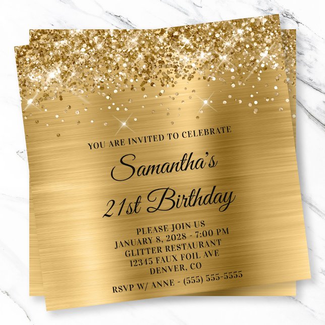 Glittery Guld Metallic look 21:a födelsedagen Inbjudningar (Glittery Gold Metallic Look 21st Birthday Invitation)