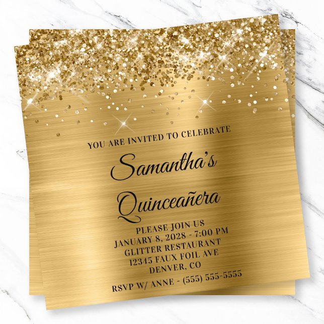 Glittery Guld Metallic look Quinceanera Inbjudningar (Glittery Gold Metallic Look Quinceanera Invitation)