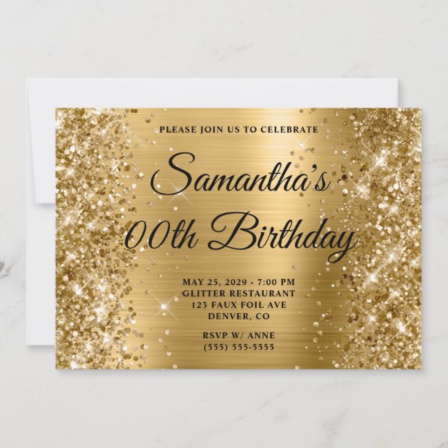 Glittery Guld Monogram Birthday Inbjudningar (Framsida)