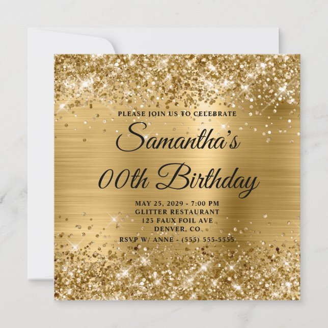 Glittery Guld Monogram Birthday Inbjudningar (Framsida)