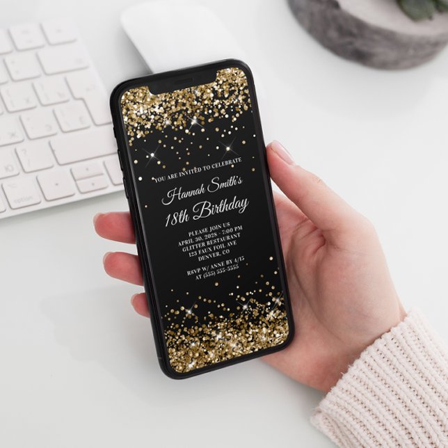 Glittery Guld och Black 18:e födelsedagen Inbjudningar (Skapare uppladdad)