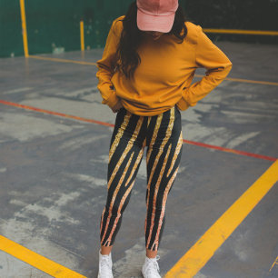 Glittery Guld och Black Zebra Vild Animal Mönster Leggings