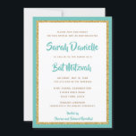 Glittery Guld och Teal Framed Bat mitzvah Inbjudningar<br><div class="desc">Trendigets Bat mitzvah inbjudan innehåller gnistrande faux glitter som är skrivet mot en solid färg-bakgrund. Använda mallformuläret om du vill lägga till egen information. De avancerade redigeringsmenyerna kan användas för att ändra teckensnittet stil,  färg och layouten.</div>