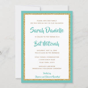 Glittery Guld och Teal Framed Bat mitzvah Inbjudningar