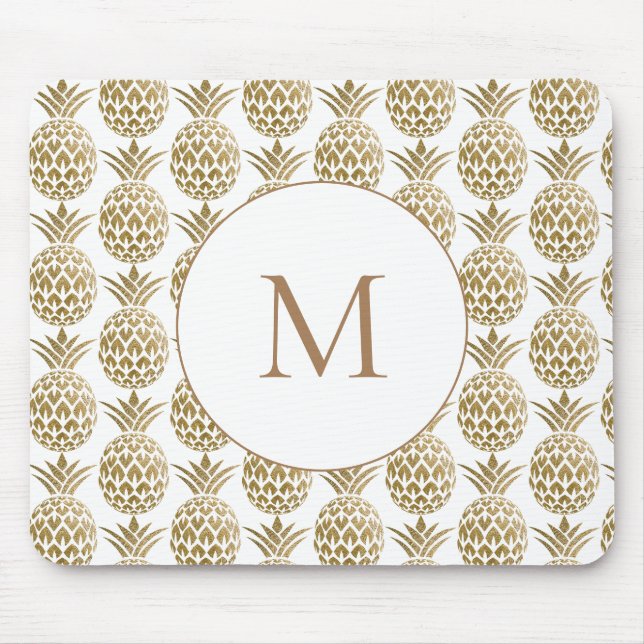 Glittery Guld Pineapple Mönster White Monogram Musmatta (Framsidan)