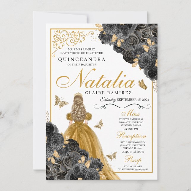 Glittery Guld Ro Butterfly Princess Quinceañera Inbjudningar (Framsida)