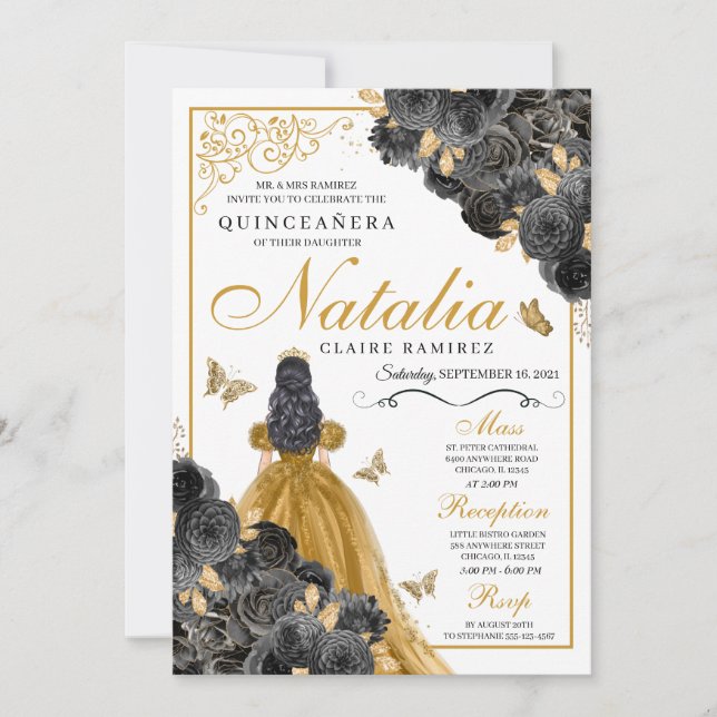 Glittery Guld Ro Butterfly Princess Quinceañera Inbjudningar (Framsida)