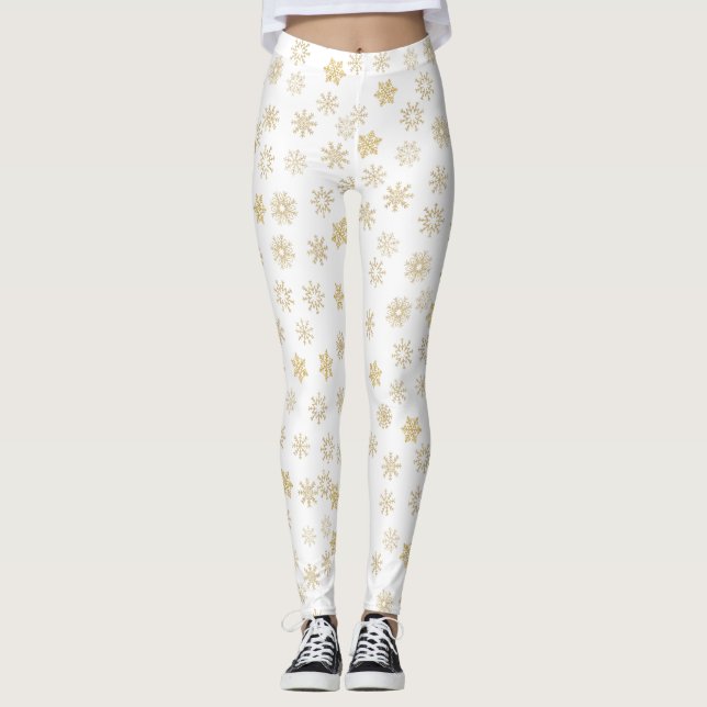 Glittery Guld Snöflingor Leggings (Framsida)