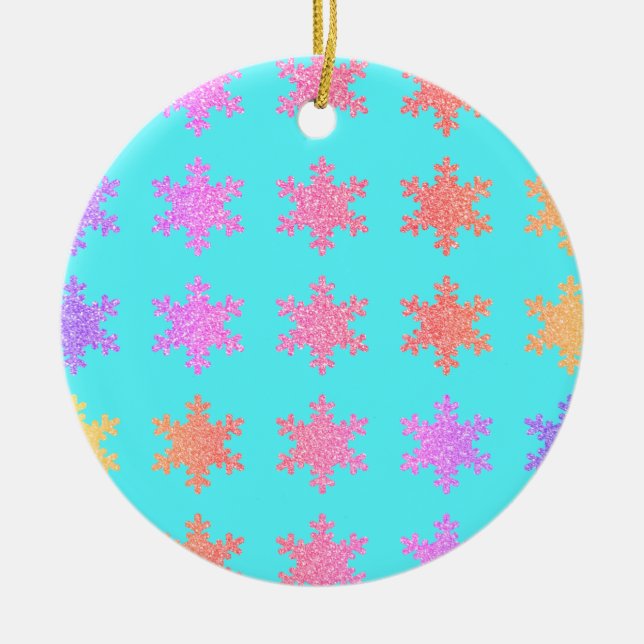 Glittery Guld Snöflingor Mönster Turquise Blue Julgransprydnad Keramik (Framsidan)