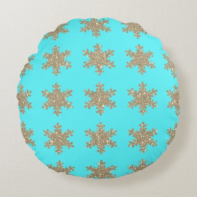 Glittery Guld Snöflingor Mönster Turquise Blue Rund Kudde (Framsidan)