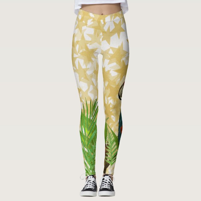 Glittery Guld Stars Parrot och Butterfly Leggings (Framsida)