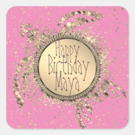 Glittery Guld Turtle on Rosa Birthday Fyrkantigt Klistermärke