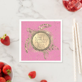 Glittery Guld Turtle on Rosa Birthday Pappersservett