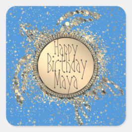 Glittery Guld Turtle på Blue Birthday Fyrkantigt Klistermärke
