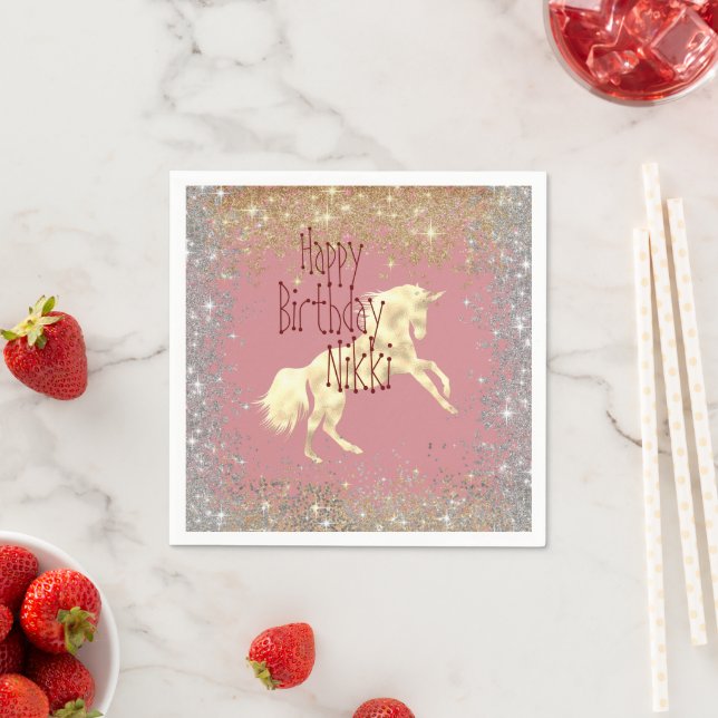 Glittery Guld Unicorn Birthday Personlig Pappersservett (Insitu)