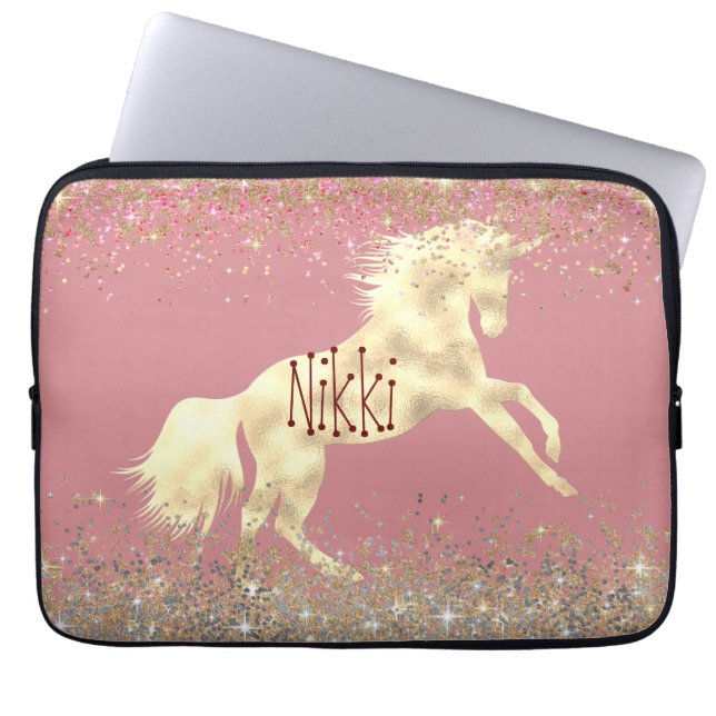 Glittery Guld Unicorn Laptop Fodral (Framsidan)