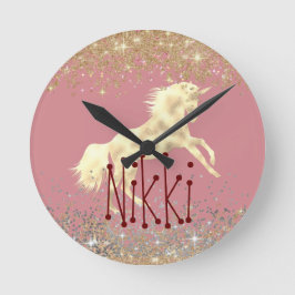 Glittery Guld Unicorn på Pino Personlig Rund Klocka
