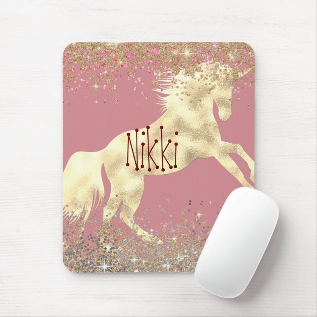 Glittery Guld Unicorn på Rosa Personlig Musmatta (Med mus)