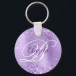 Glittery Lavender Foil Finare Monogram Nyckelring<br><div class="desc">Elegant lavender glitter med gnistor mot ett faux light lila borstad bild av metall folie. Monogrammet för kalligrafi av royalet finare och vit finare i mitten kan anpassas. All sparsam och glansig inslag i denna moderna gigantiska design är digital grafik. Monogrammed värdefull cirkel formar nyckelring party favors för hennes speciella...</div>