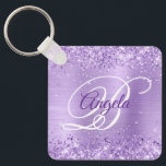 Glittery Lavender Foil Finare Monogram Nyckelring<br><div class="desc">Elegant ljust lila glitter med gnistor mot ett faux lavender-borstat metall-folie. Monogrammet för kalligrafi av royalet finare och vit finare i mitten kan anpassas. All sparsam och glansig inslag i denna moderna gigantiska design är digital grafik. Monogrammed värdefull nyckelring party favors för hennes speciella födelsedag.</div>