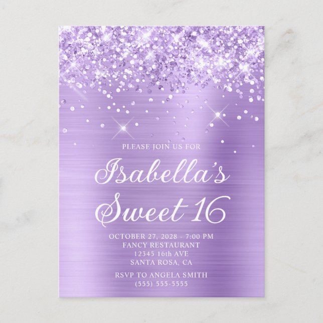 Glittery Lavender Foil Sweet 16 Photo Inbjudan Vykort (Framsida)