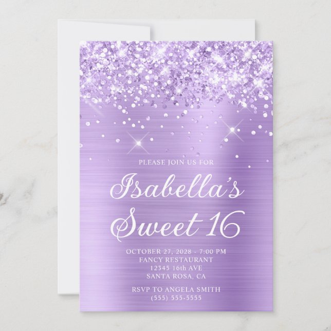 Glittery Lavender Foil Sweet 16 Photo Inbjudningar (Framsida)