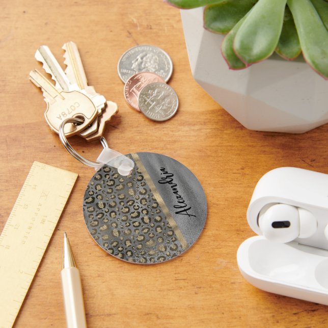 Glittery Leopard Skriv ut på Glossy Grått Nyckelring (Skrivbord)