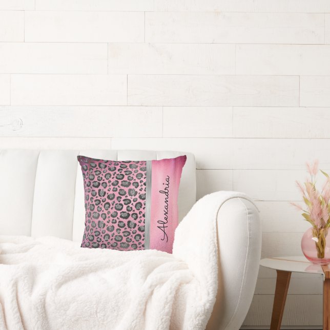 Glittery Leopard Skriv ut på Glossy Shock rosa    Kudde (Soffa)