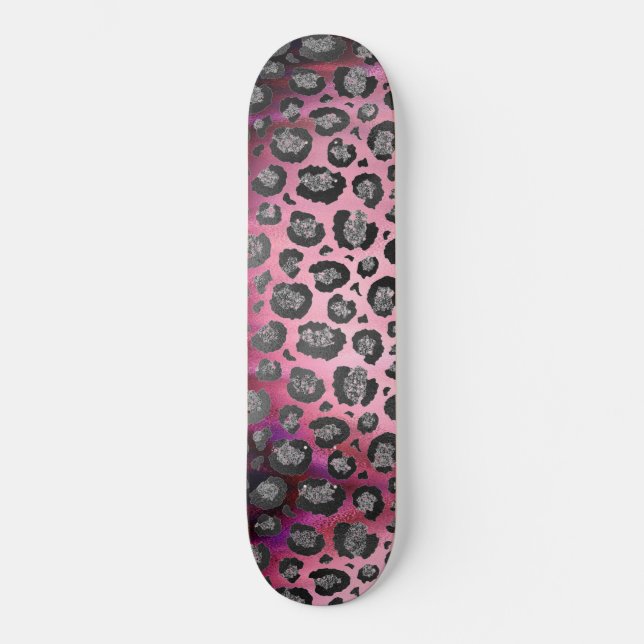 Glittery Leopard Skriv ut på Glossy Shock rosa    Mini Skateboard Bräda 18,5 Cm (Framsida)