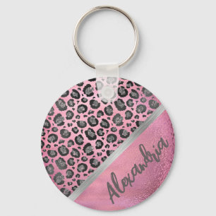 Glittery Leopard Skriv ut på Glossy Shock rosa Nyckelring
